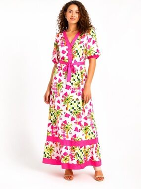 Celina Moon Tropical Palm Print Maxi Dress Pink Boho Belted V Neck NWT Large